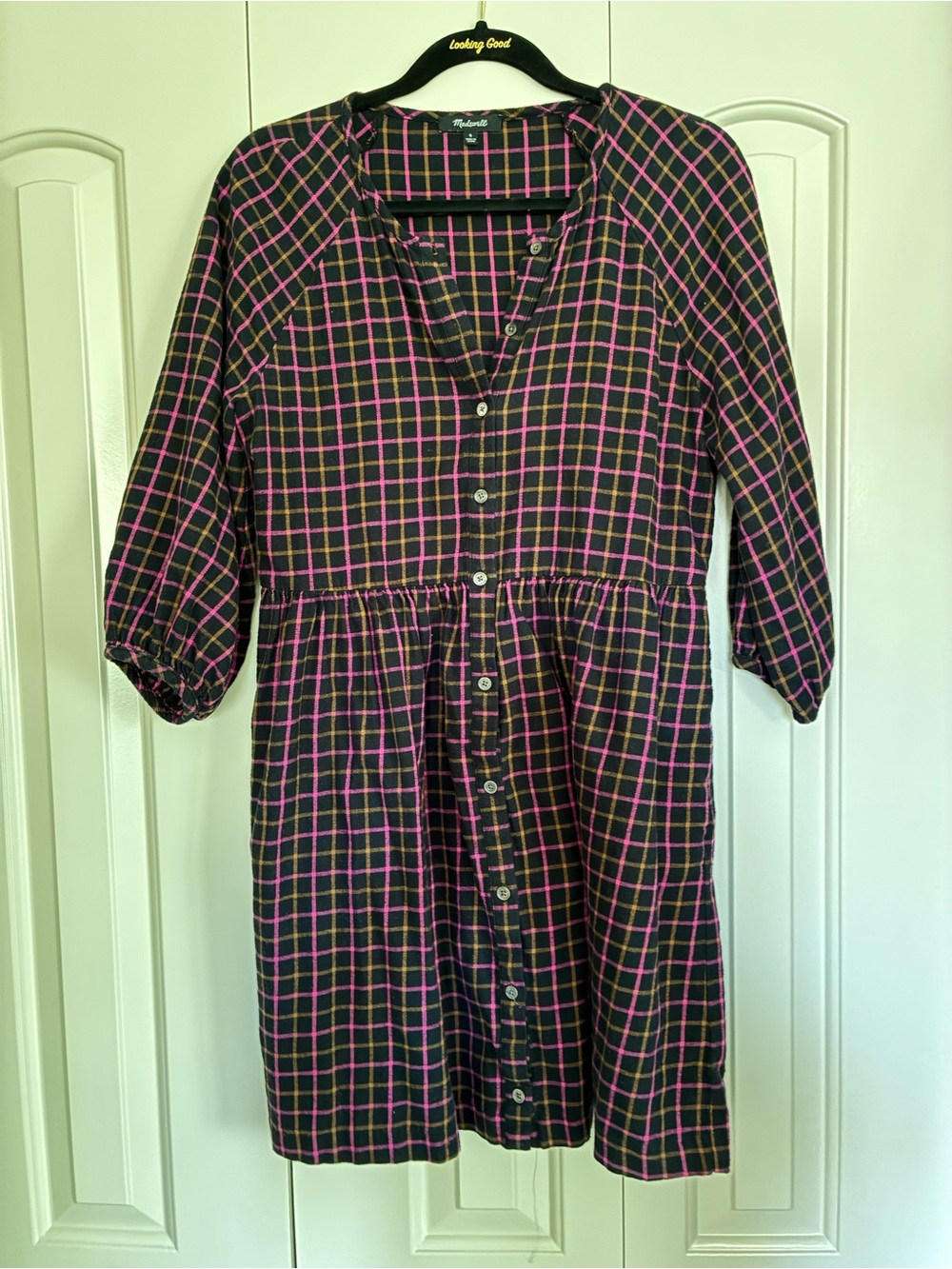 Madewell Black Plaid Dress with Pink & Brown Grid